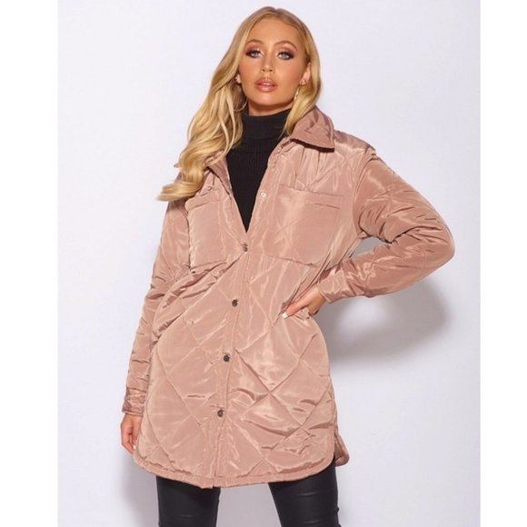 Brown Quilted Long Sleeve Collared Padded Coat - Picture 13 of 16